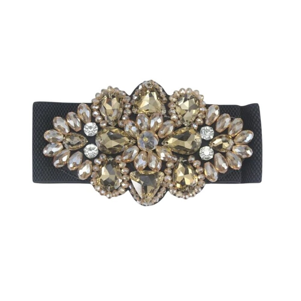 NEW 2/$30 OS Vintage Style Champagne Beige Rhinestone Floral Stretch Belt - Picture 3 of 7